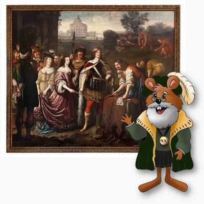 Museums-Maskottchen Mausfried erklärt den Besuchern die Allegorie auf die Gründung Oranienburgs.
