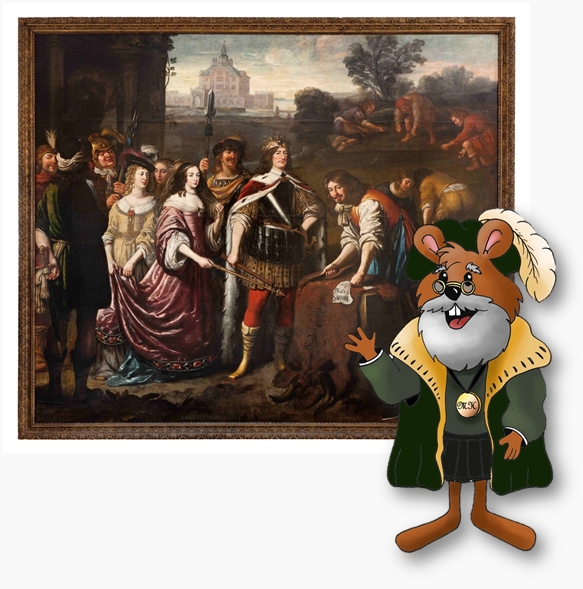 Museums-Maskottchen Mausfried erklärt den Besuchern die Allegorie auf die Gründung Oranienburgs.